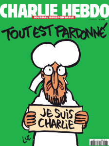 A handout document released on January 12, 2015 in Paris by French newspaper Charlie Hebdo shows the frontpage of the upcoming "survivors" edition of the French satirical weekly with a cartoon of the Prophet Mohammed holding up a "Je suis Charlie" ('I am Charlie') sign under the words: "Tout est pardonne" ('All is forgiven'). The frontpage was released to media ahead of the newspaper's publication on January 14, 2015, its first issue since an attack on the weekly's Paris offices last week left 12 people dead, including several cartoonists. It also shows Mohammed with a tear in his eye. AFP PHOTO / HO /CHARLIE HEBDO = RESTRICTED TO EDITORIAL USE -- MANDATORY CREDIT "AFP PHOTO / HO/CHARLIE HEBDO- NO MARKETING - NO ADVERTISING CAMPAIGNS -- DISTRIBUTED AS A SERVICE TO CLIENTSHO/AFP/Getty Images