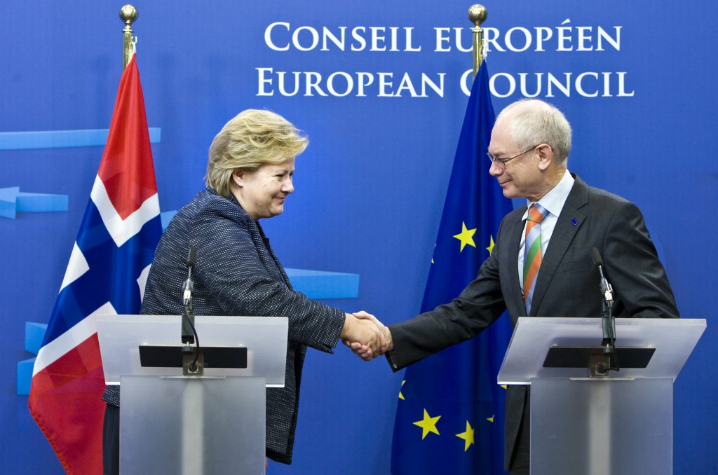 Erna Solberg besøker Herman Van Rompuy, president i Det europeiske råd, september 2013. Foto: Mission of Norway to the EU/Flickr cc.
