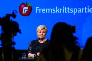 Oslo 20210218. Fremskrittspartiets leder Siv Jensen under en pressekonferanse etter dagens landsstyremøte. Foto: Lise Åserud / NTB