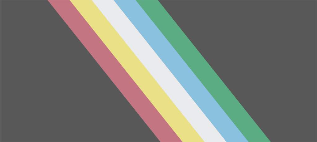 Bildet viser disability pride flag. Bakgrunnen er mørk grå, og diagonalt fra venstre til høyre går fem striper i fargene rød, gul, hvit, blå og grønn.