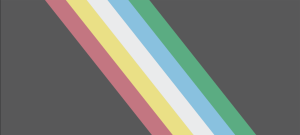 Bildet viser disability pride flag. Bakgrunnen er mørk grå, og diagonalt fra venstre til høyre går fem striper i fargene rød, gul, hvit, blå og grønn.