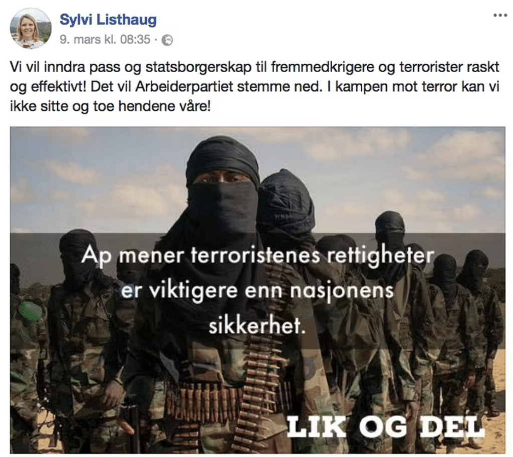 Sylvi Listhaugs FB-post mot Ap.
